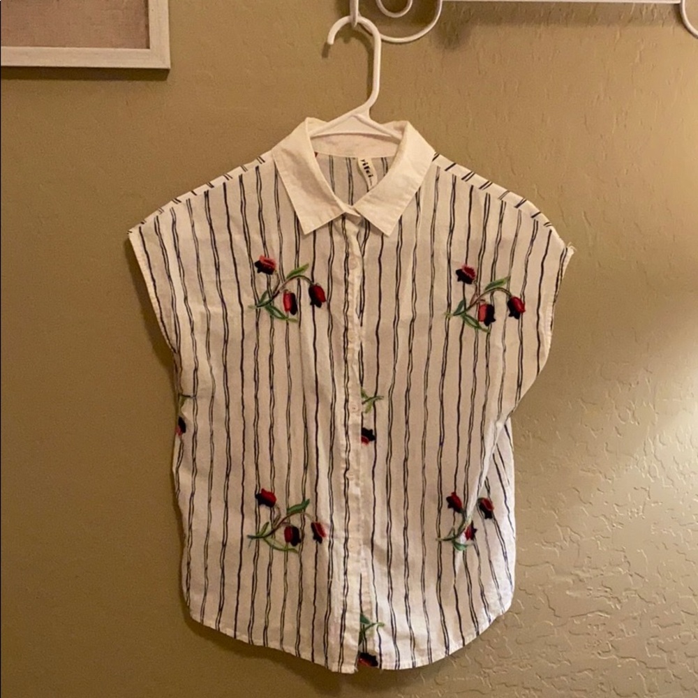 Embroidered Floral & Striped Button-Down Blouse